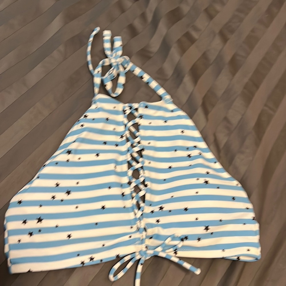 Aerie blue and white striped halter swim top